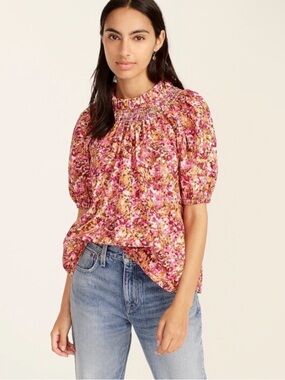 J. CREW Smocked Neck Puff Sleeve Top Size 3X Floral Blouse Spring Summer Beach